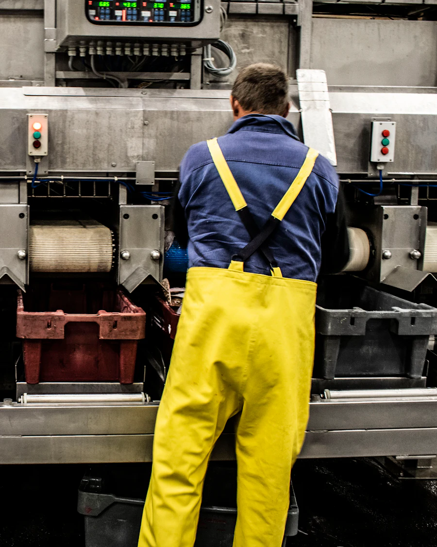 A worker in yellow waterproof bibs operating a processing machine.
